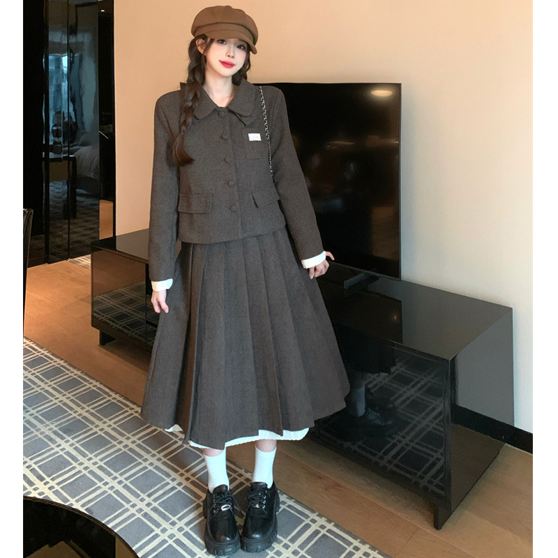 大码胖mm秋冬新款气质休闲时尚套装韩版呢子外套半身裙两件套女