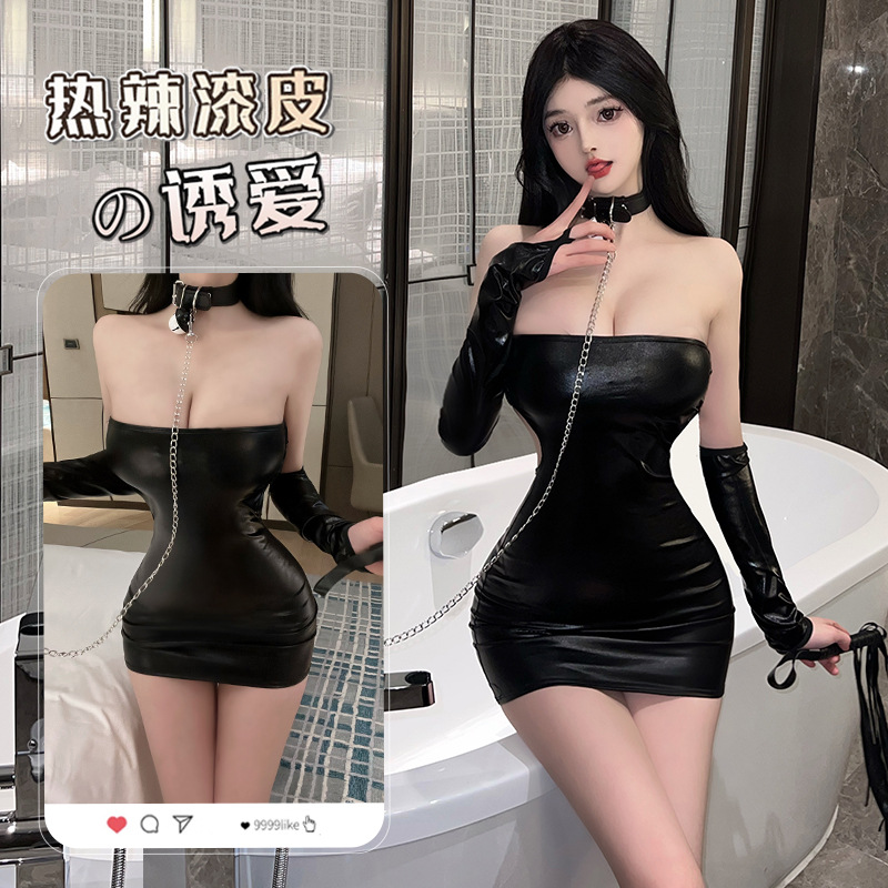 内衣女王御姐性感抹胸紧身漆皮制服连体衣套装