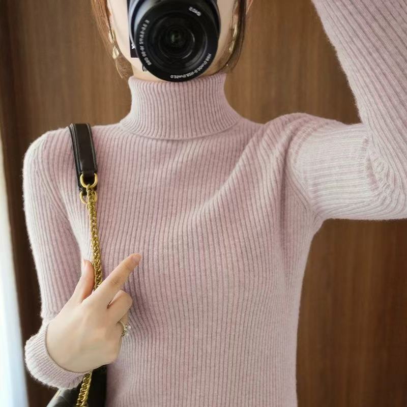 丽姐家~高领翻领粉针织时尚打底秋冬纯色上衣826