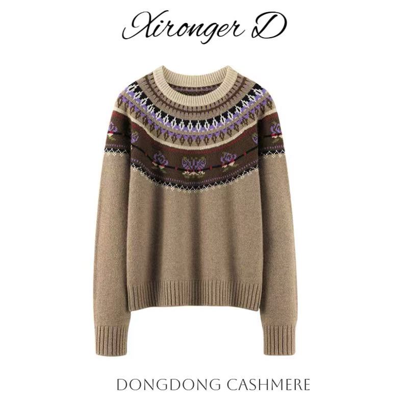 【XRE   100山羊绒】Baby小山羊绒圆领紫调民族提花云柔羊绒套衫