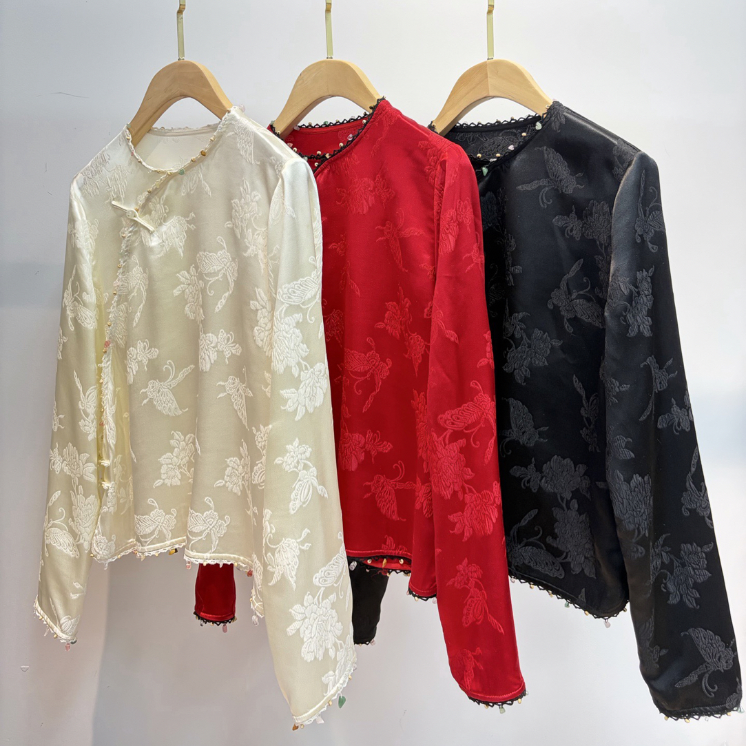 【樊音】玛薇丝真丝冠乐绉面料重工钉珠圆领斜襟盘扣国风衬衫上衣