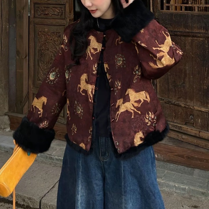 新中式国风立领百搭保暖皮草外套2025早秋新款外套--5584