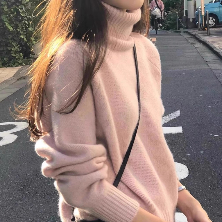 2025秋冬新款100%纯羊毛高领套头毛衣女纯色短款宽松百搭针织上衣