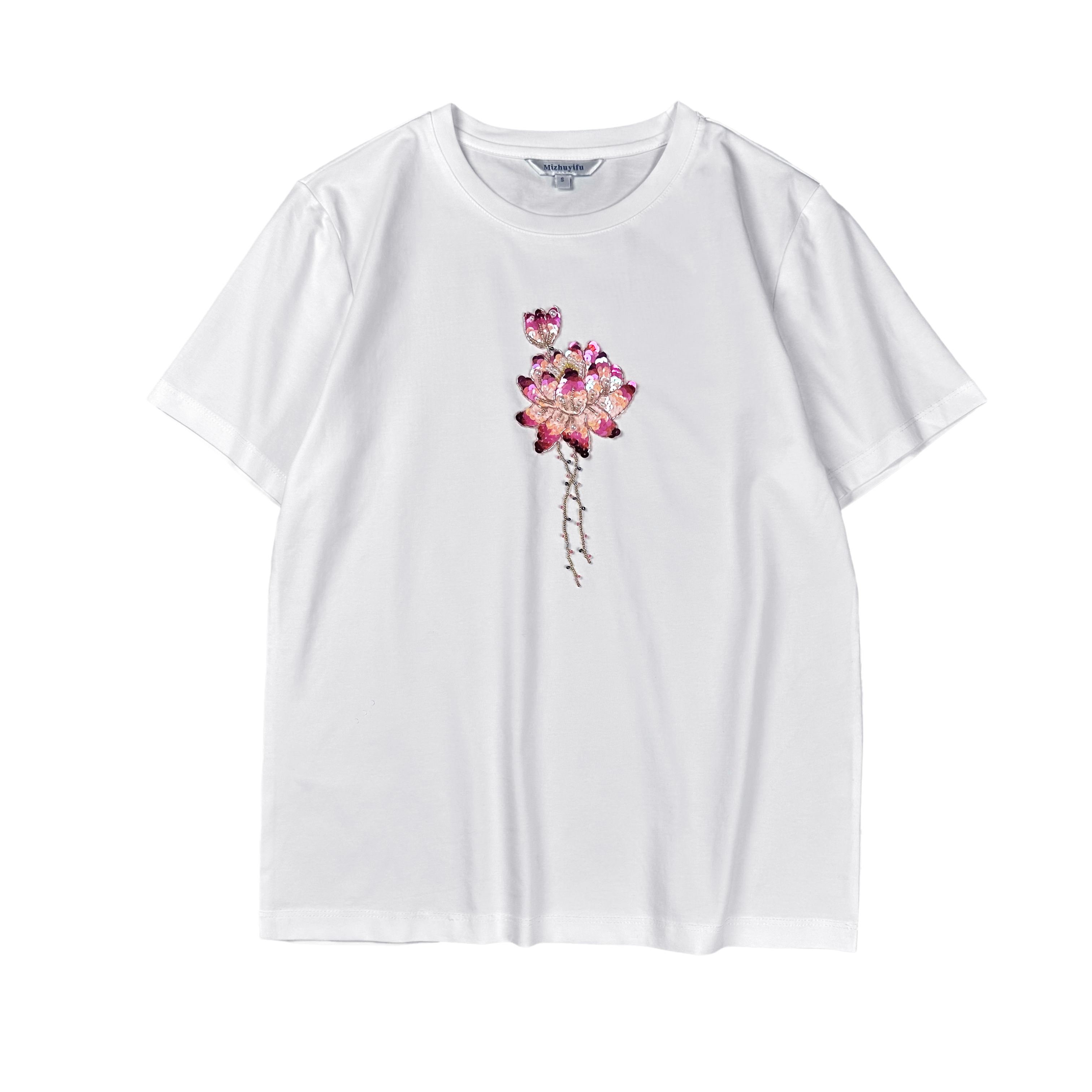 女装新款轻奢钉制轻国风荷花图案渐变亮片南油高端衣服百搭T恤