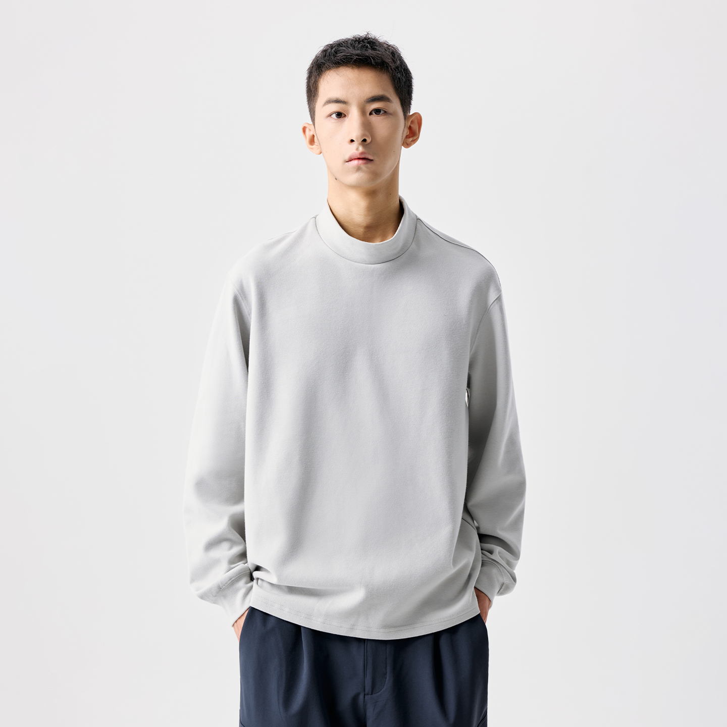 BENPANDA 2025秋冬休闲基础小立领长袖T恤男灰色打底衫上衣新款