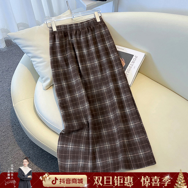 她池2025冬装新款女装通勤复古格纹中长款A字加绒半身裙T54X8283B