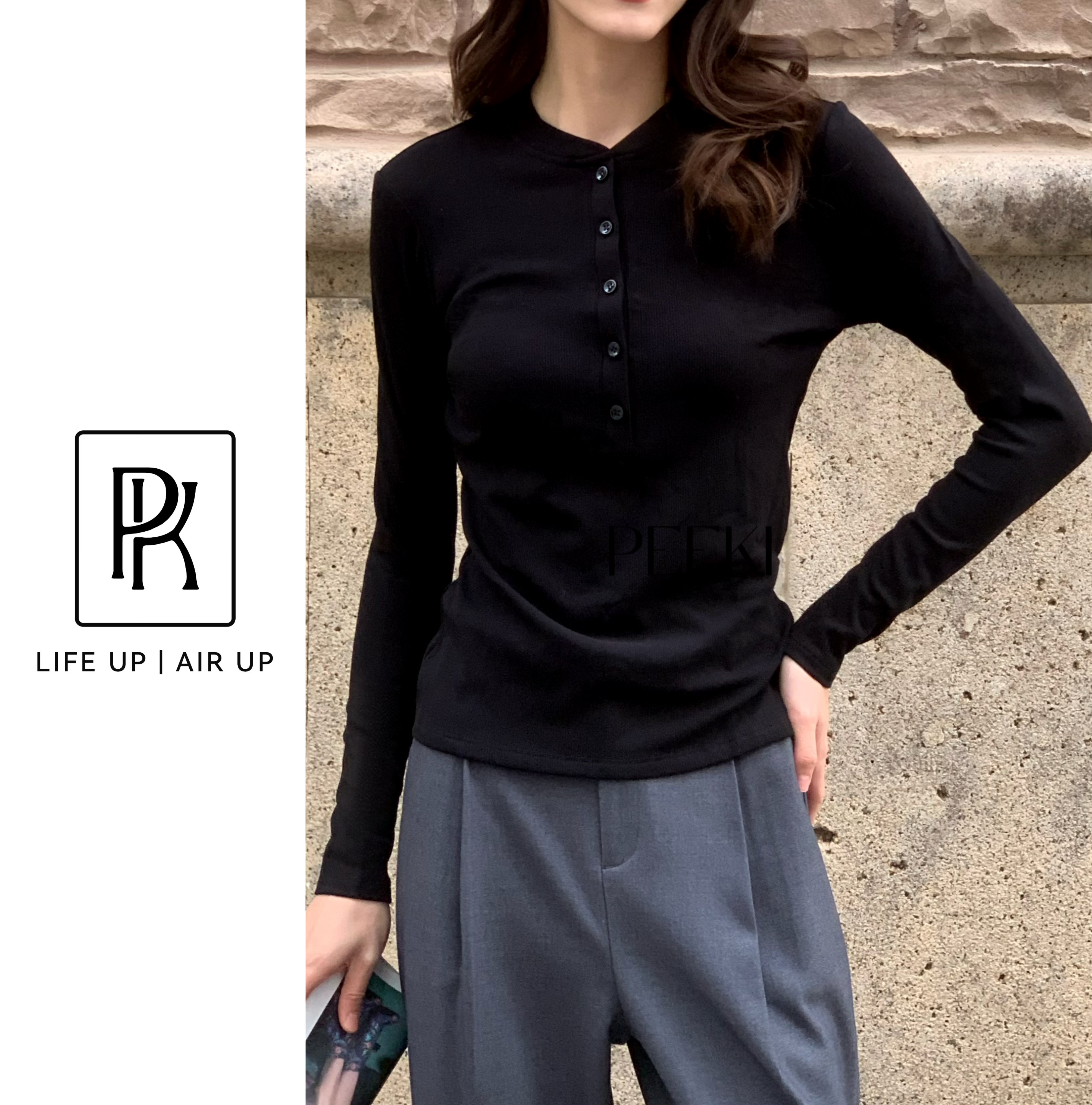 PEEKI/早春新款 简约气质通勤打底上衣修身蚕丝亨利衫/SJR8302