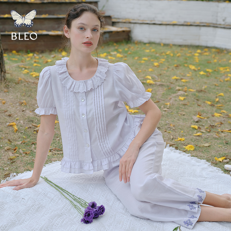 BLEO2025春夏新品莱赛尔圆领薰衣草刺绣短袖长裤睡衣可外穿家居服