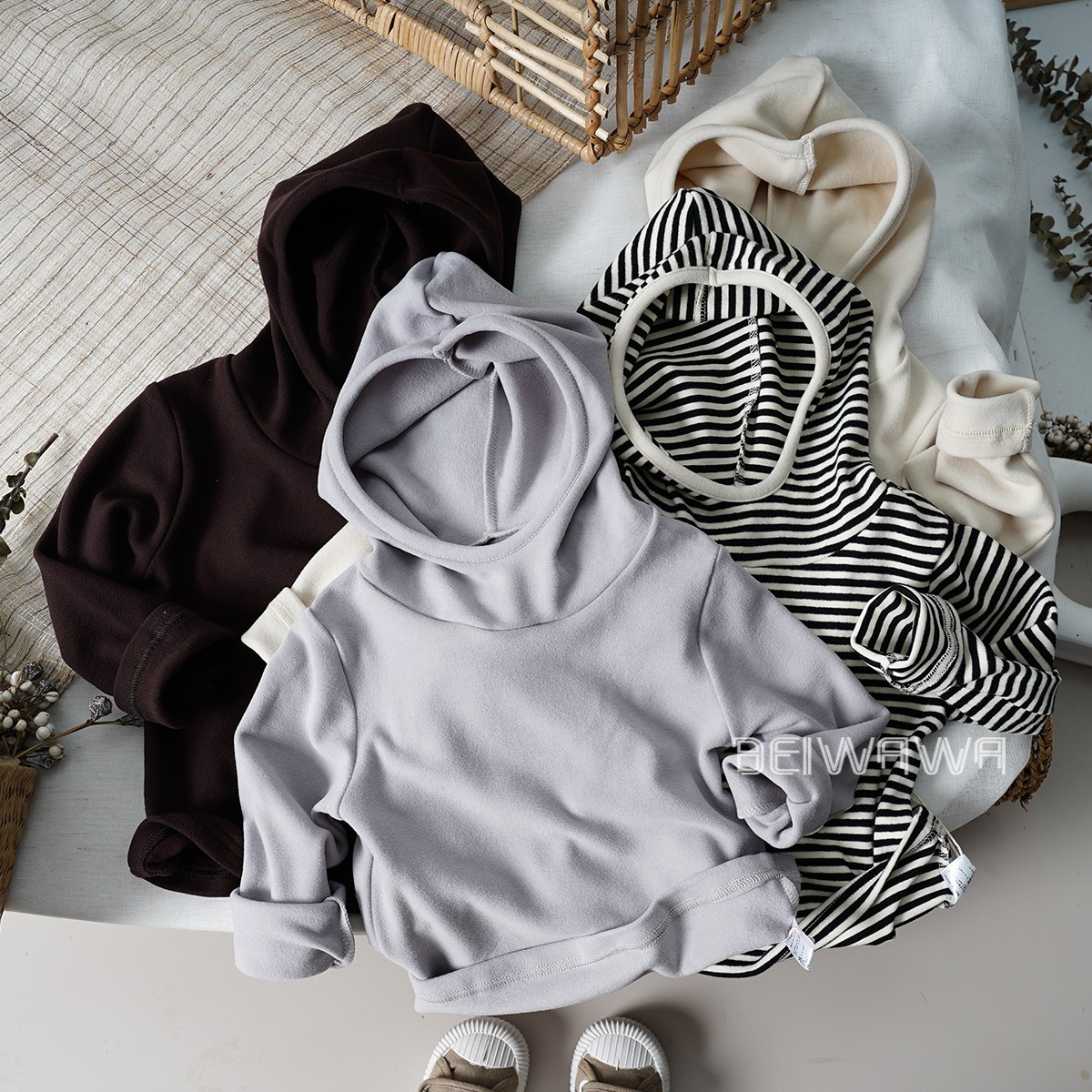 森系儿童软糯奥绒连帽半高领打底衫 男女宝宝内搭保暖长袖体恤衫