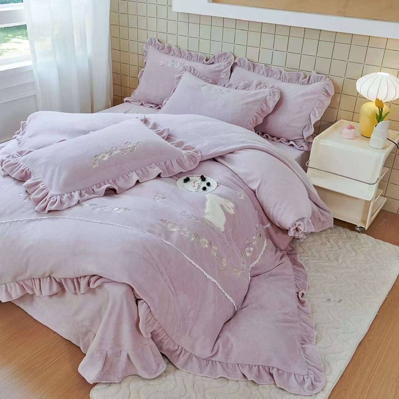 【月湾】秋冬必备/茱迪兔兔高克重牛奶绒四件套-可水洗