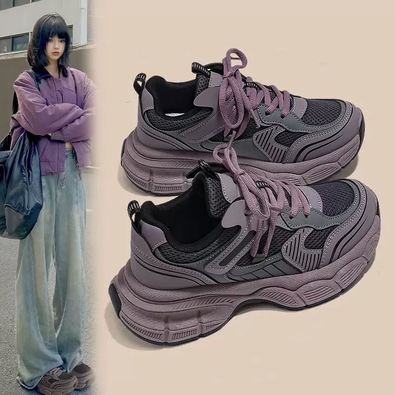 紫色老爹鞋女2025春秋季新款爆款网红百搭休闲运动鞋厚底增高女鞋