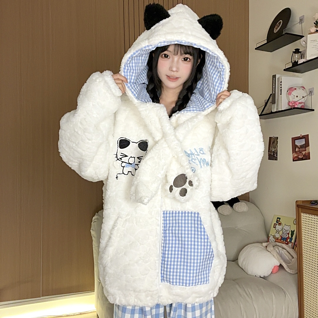 做梦特长生 原创可爱猫耳朵格子拼接棉服外套毛绒软糯保暖上衣
