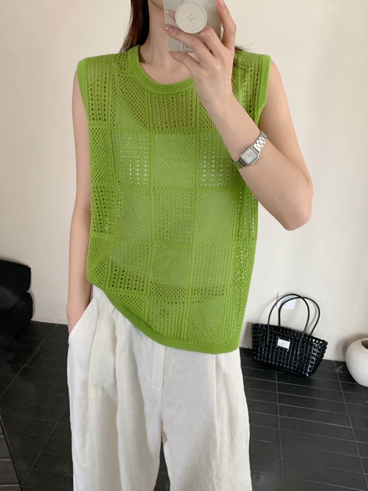 【素简.500160】夏款上新兰精亚麻方格背心清爽女装混纺针织衫