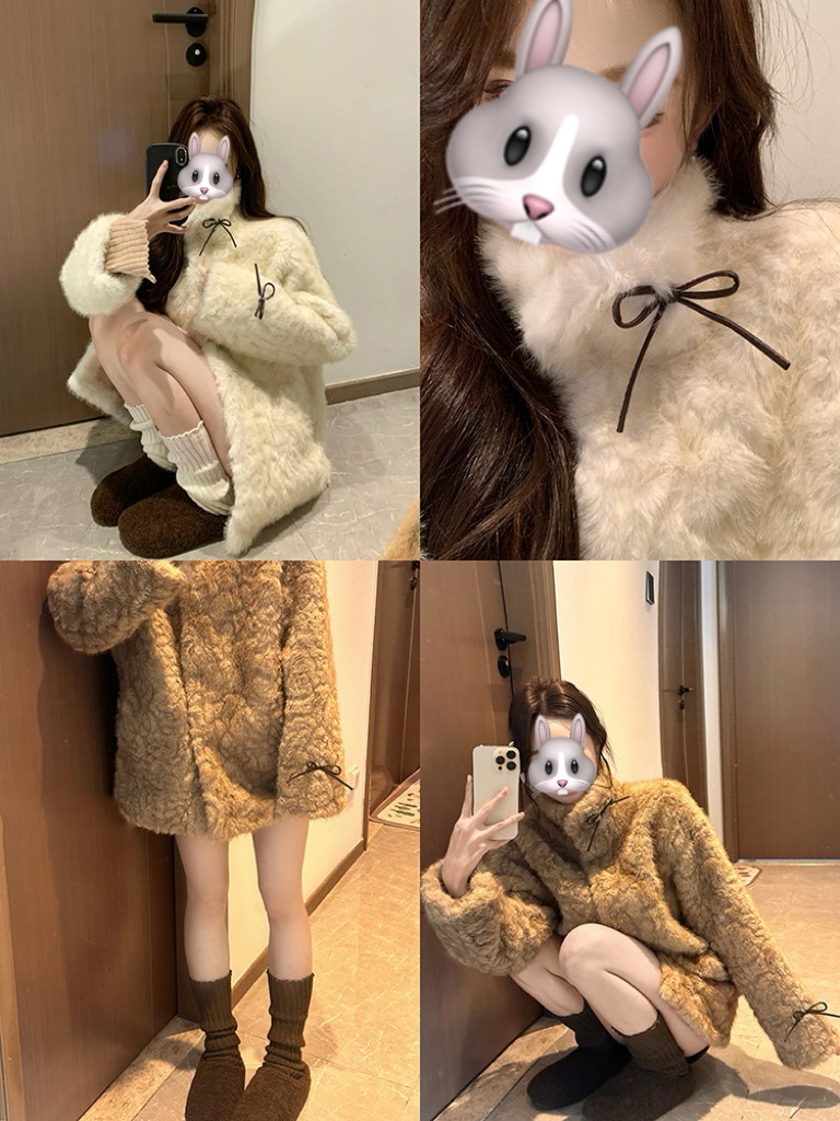 小熊心事冬季新款长袖厚款女立领染尖慵懒感韩系短款毛毛外套