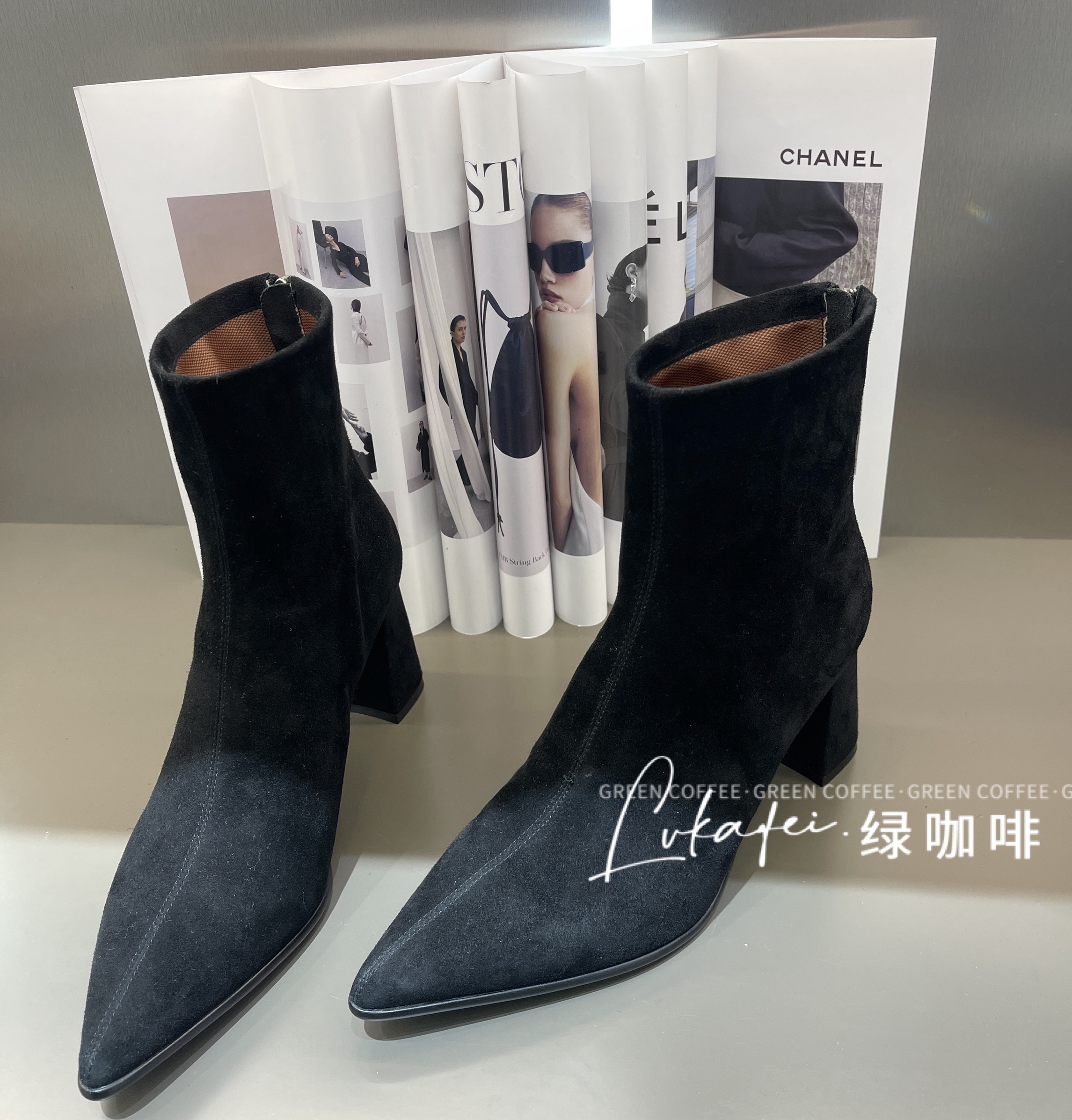 Green coffee绿咖啡/3001-90女士尖头短靴弹力瘦瘦靴，时装必备