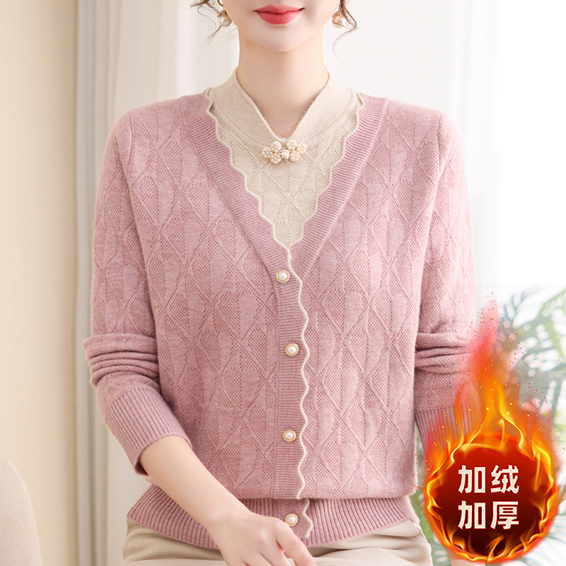 【加绒/不加绒】新款中老年秋冬针织打底衫妈妈气质上衣假两件毛衣