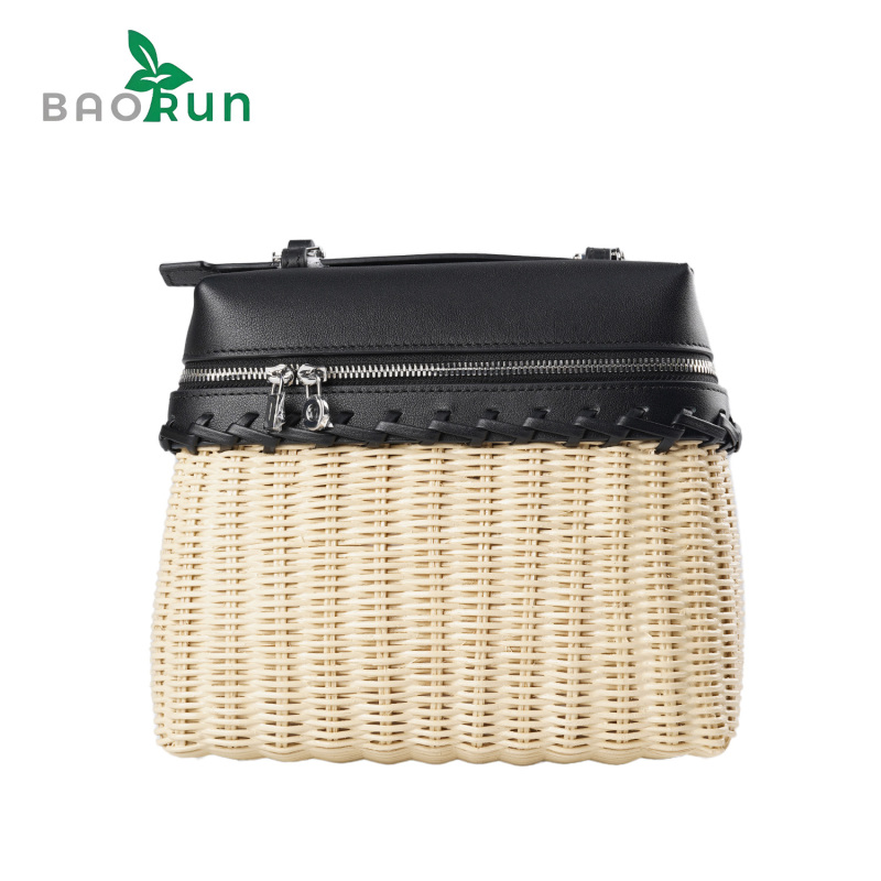 【19藤编饭盒包】条纹竹子编织包手拎包拼皮撞色女士单肩包