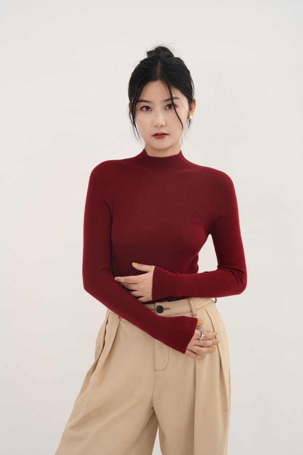 秋冬时尚纯色百搭打底衫常规美丽诺圆领套头半高领女
