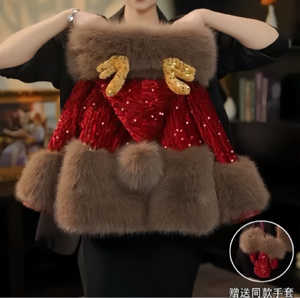 【拜年服外套送手套】女童毛毛外套2024冬装新款女宝宝加绒加厚洋气