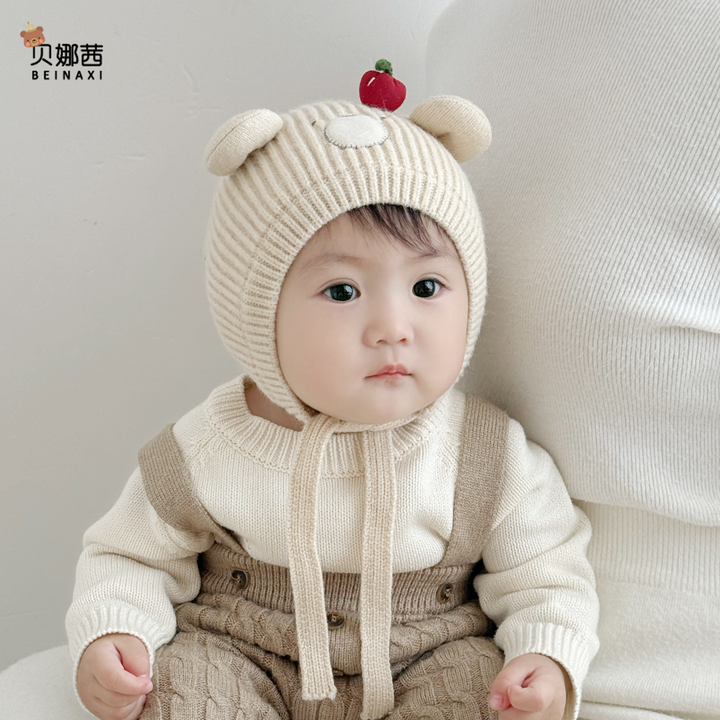 Beinaqian/贝娜茜婴儿帽子秋冬季宝宝可爱针织帽婴幼儿外出护耳帽