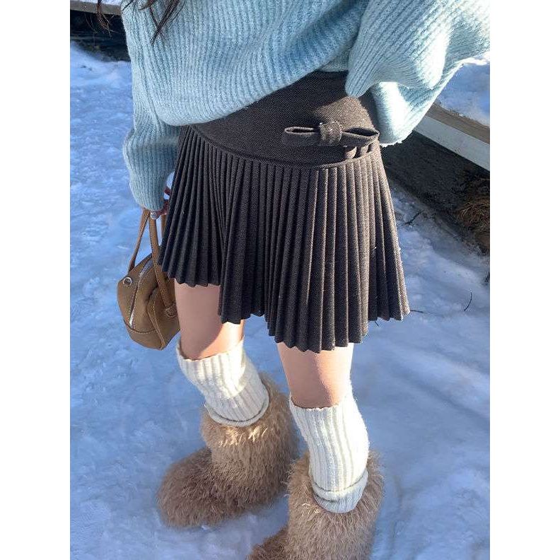 毛呢半身裙女秋冬季百搭高腰蝴蝶结小个子灰色呢子百褶裙a字短裙