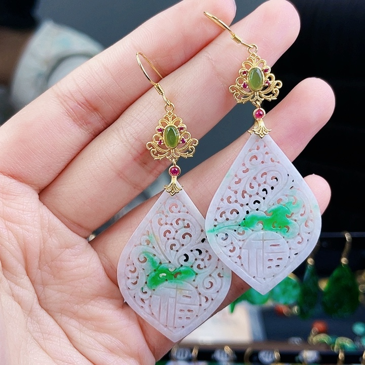 翡翠耳饰银S925镶嵌饰品