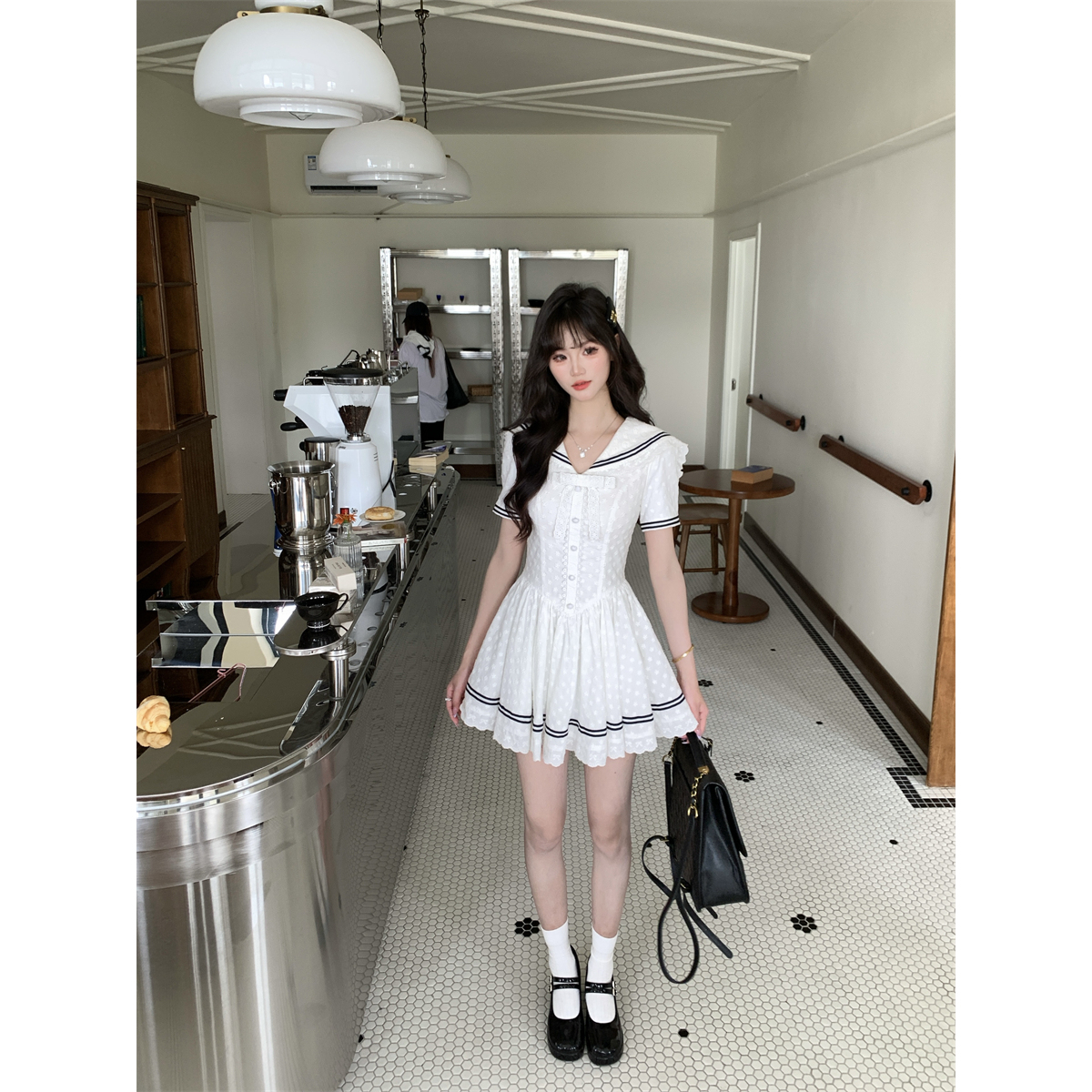 越韩小鱼 少女时代短袖版 学院风海军领白色连衣裙设计感收腰短裙