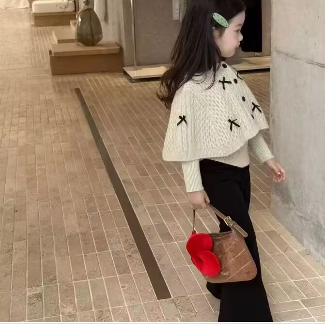 女童秋季新款针织衫女宝宝百搭披肩蝴蝶结针织长袖毛衣