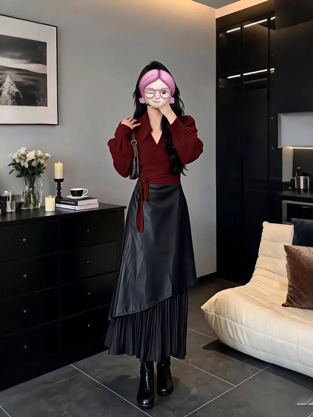 「半岛黄昏」复古气质POLO衫翻领上衣+别致不规则拼接半身裙两件套