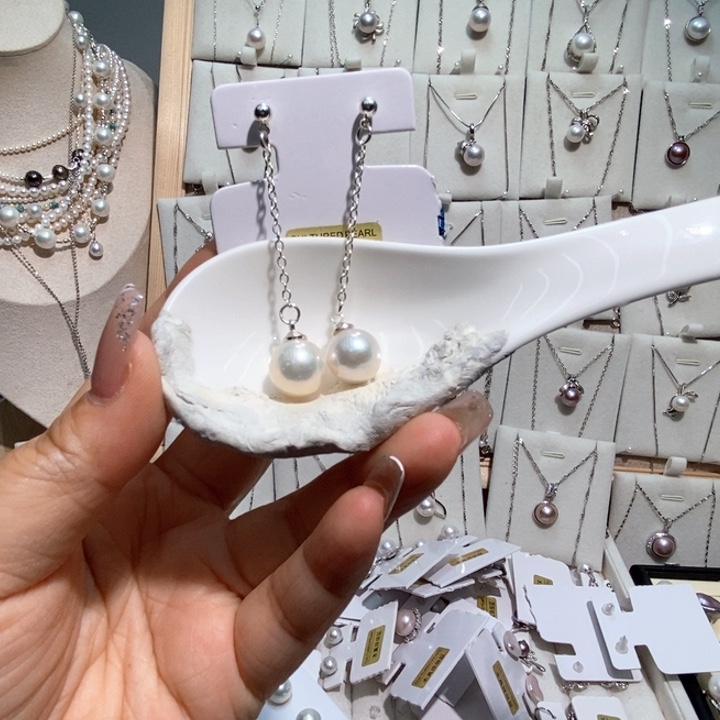 银S925镶嵌淡水珍珠耳饰极光青色风在吹耳线