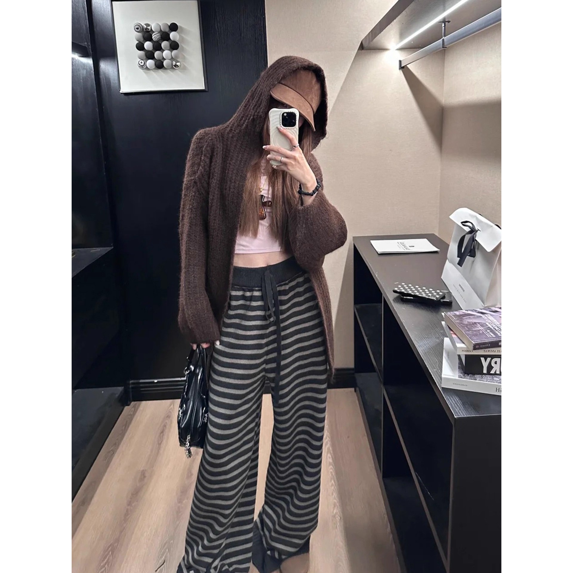 慵懒高级感灰色条纹针织休闲裤女秋冬舒适抽绳设计显瘦阔腿裤155