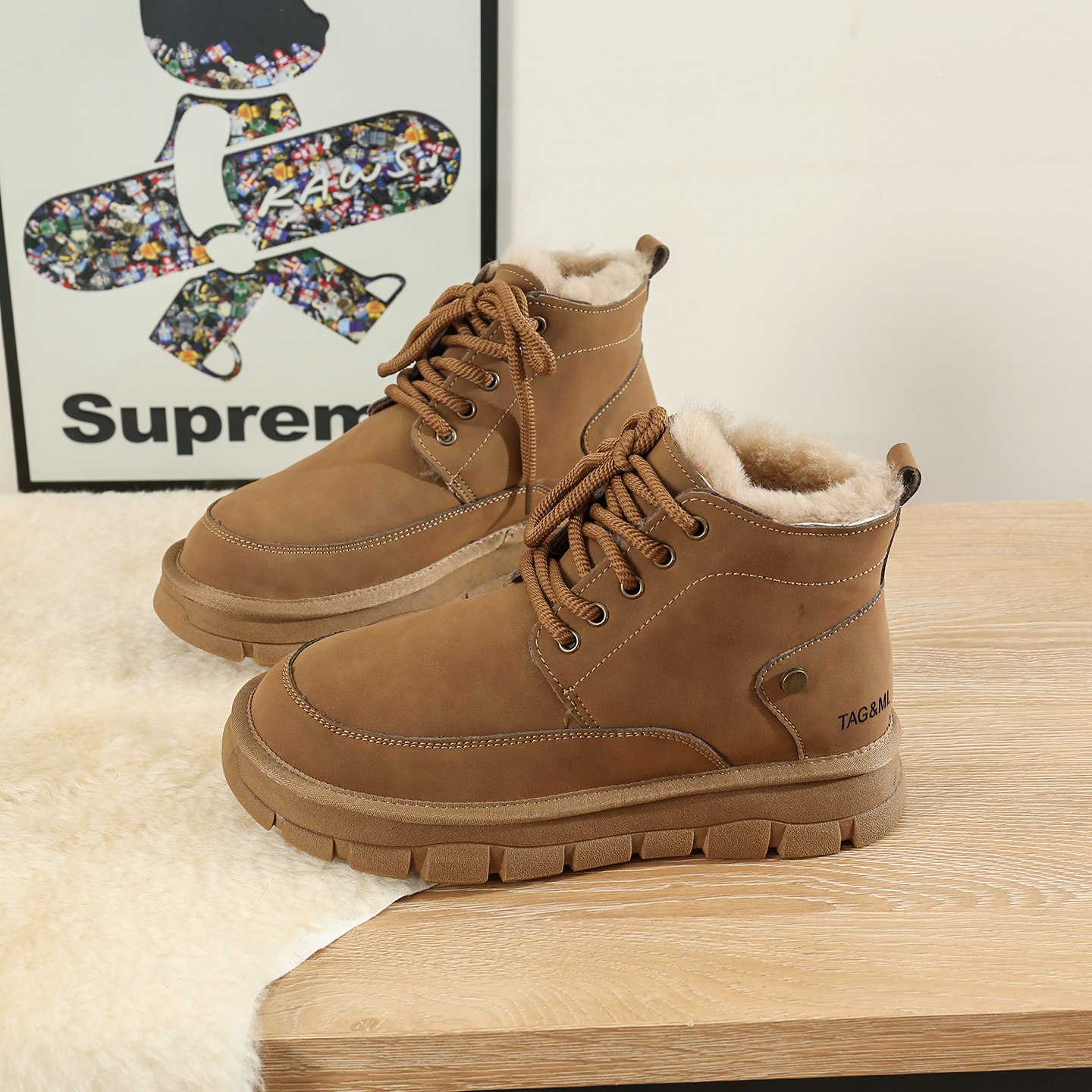 男款全羊毛雪地靴一脚蹬保暖防水棉鞋厚底防滑棉靴皮毛一体马丁靴