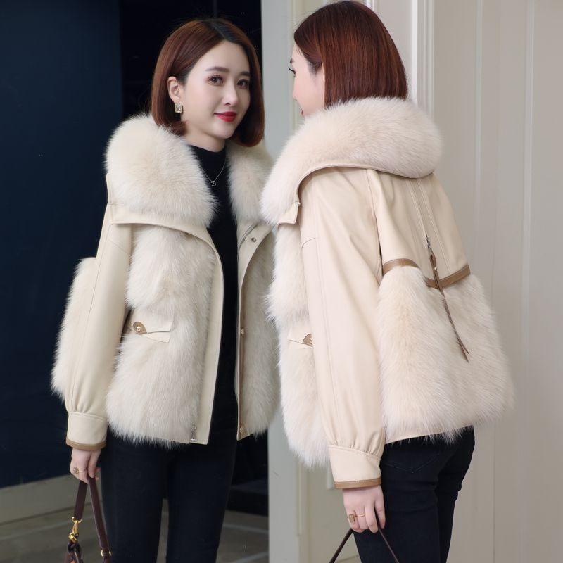 新款拼接国风外套冬季时尚韩版加厚棉衣棉服狐狸毛皮一体女装大衣