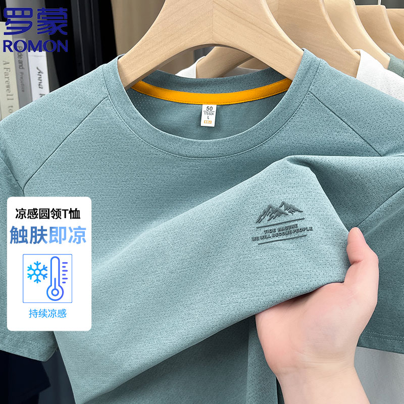 夏季新款轻奢圆领冰丝短袖t恤透气速干男士体恤衫纯色休闲打底衫
