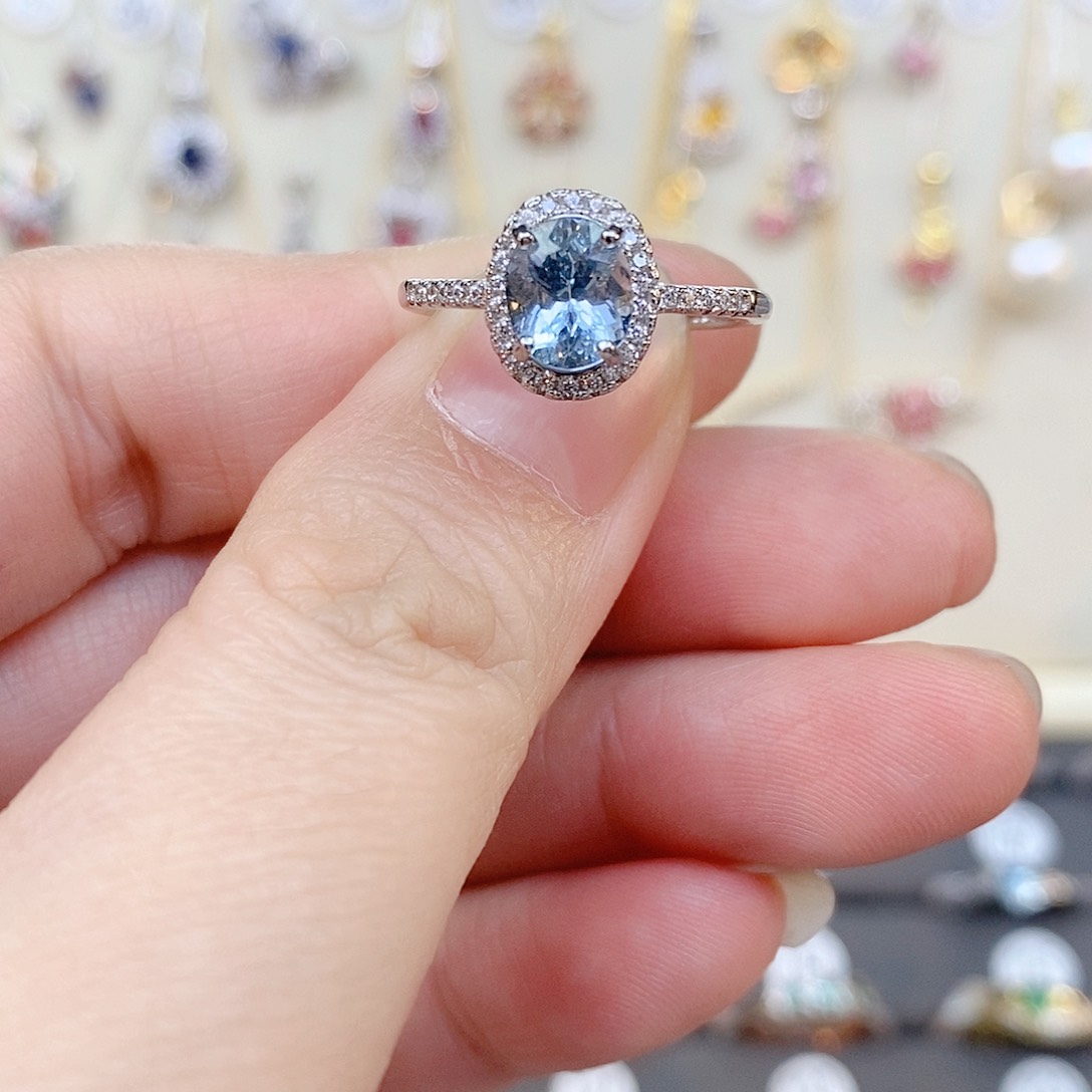 海蓝宝石戒指银S925镶嵌