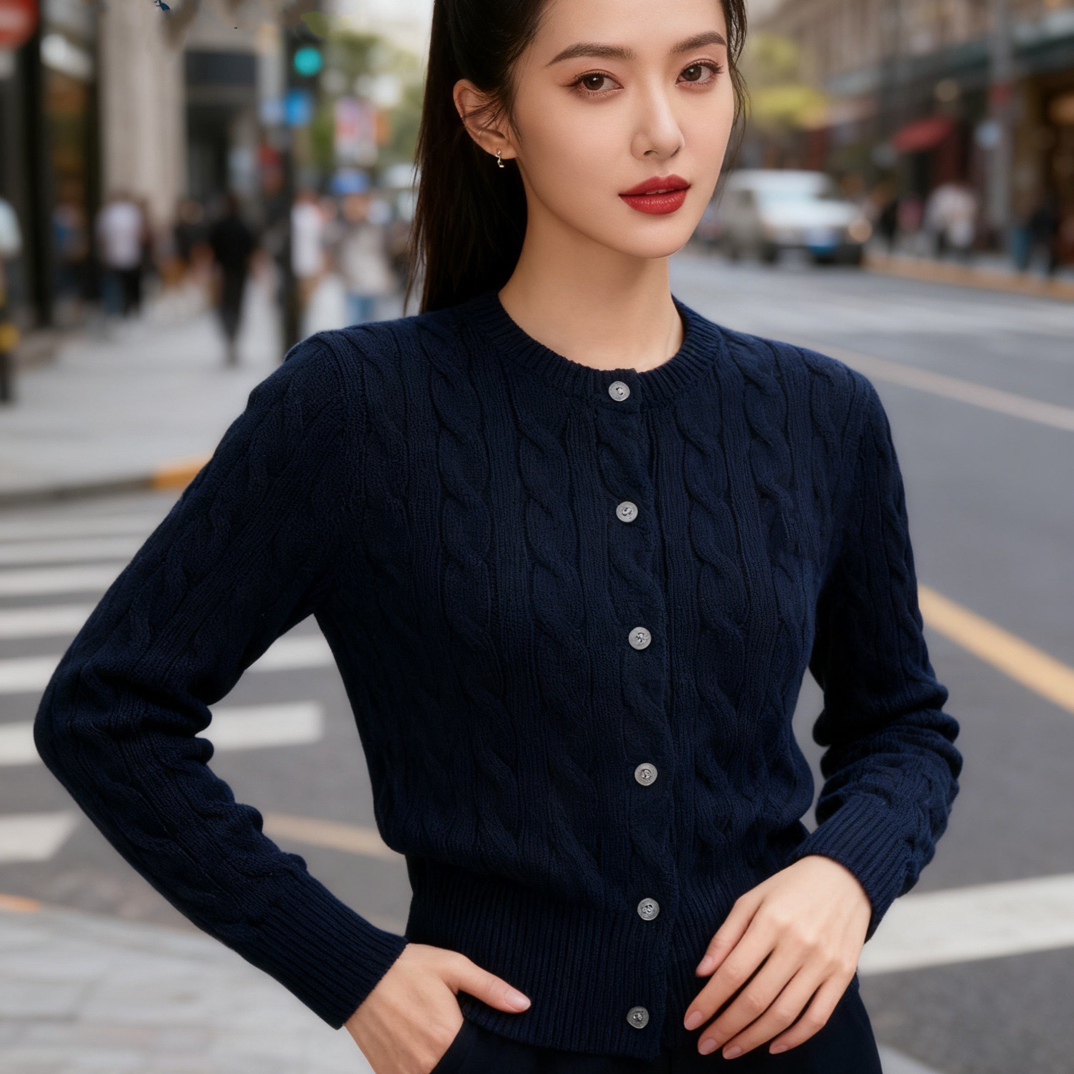 麻花针织开衫女圆领长袖通勤外套