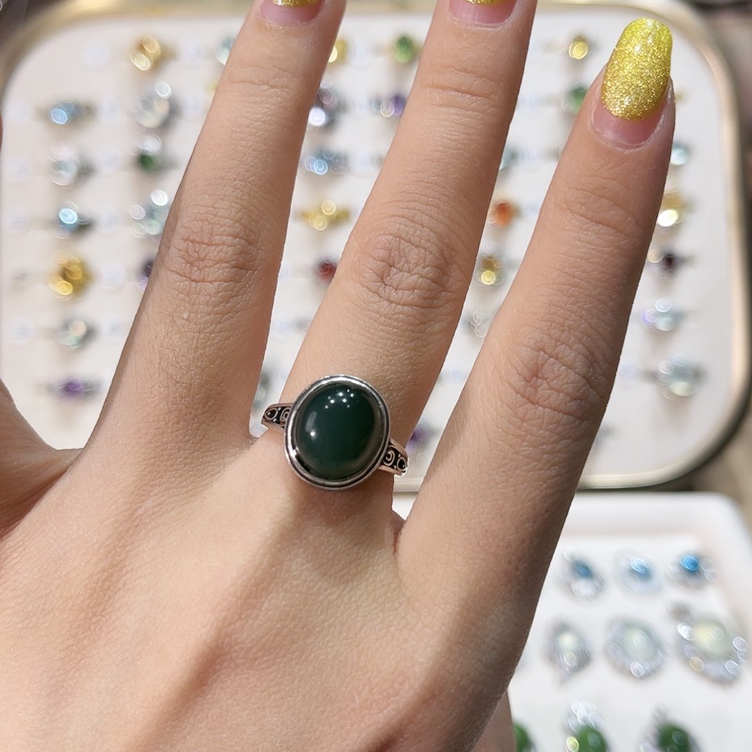 蛇纹石玉戒指银S925镶嵌