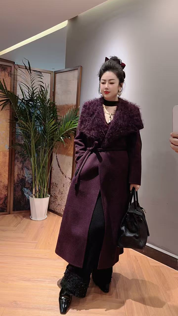 Chouduoduo紫琼秋冬骆驼绒羊毛翻领冬款设计师中长款外套女款大衣