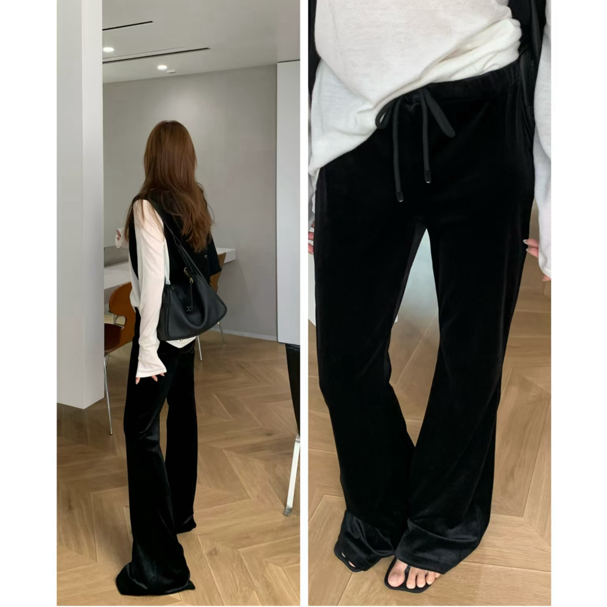 GENTLE THORNS 老钱风丝绒微喇裤高腰垂感显瘦休闲裤———黑鸭子