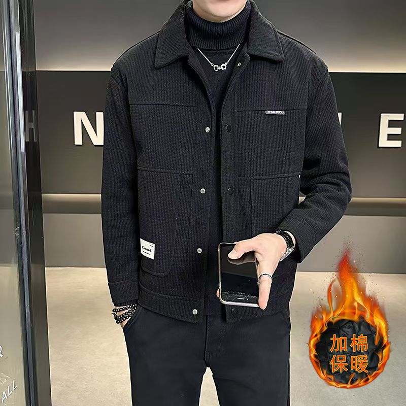 冬季男士加棉加厚呢子外套青年时尚百搭潮流休闲翻领保暖夹克上衣
