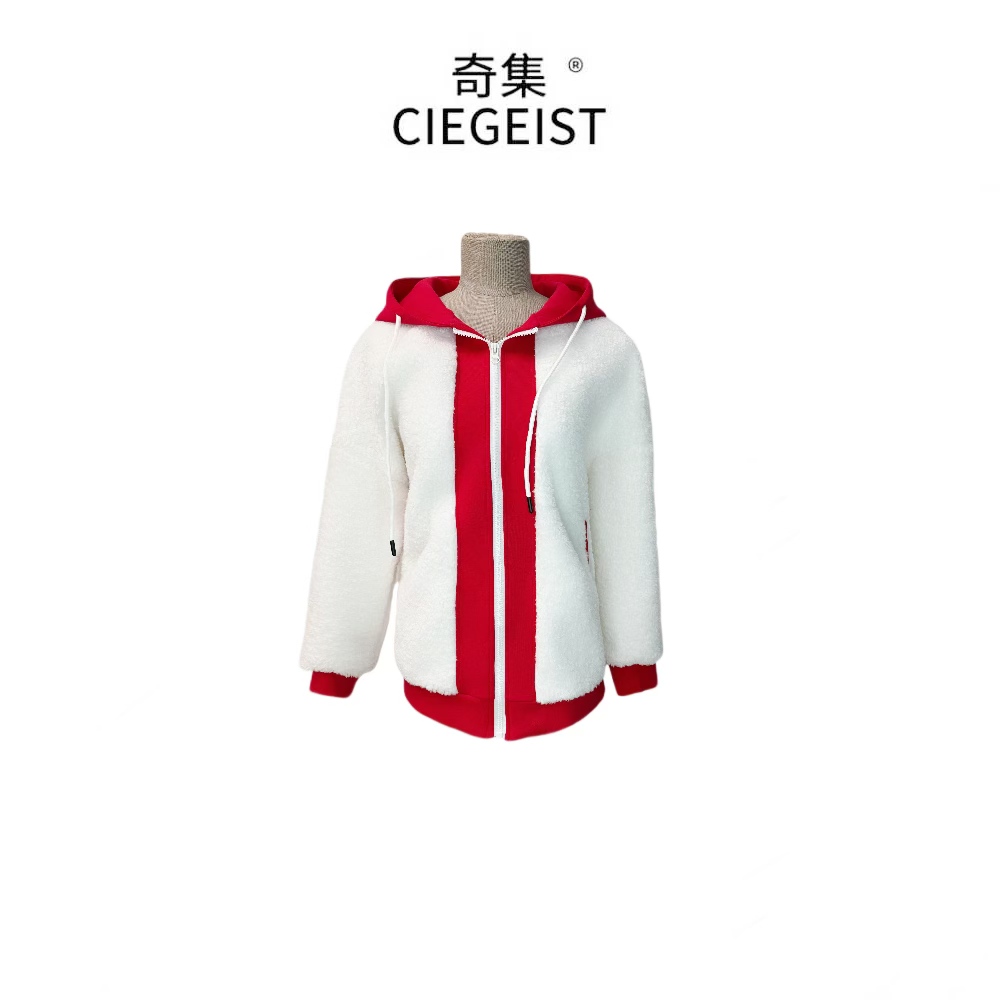 2025秋冬设计师款复合加厚拼接拼色保暖时尚百搭连帽中长外套7046