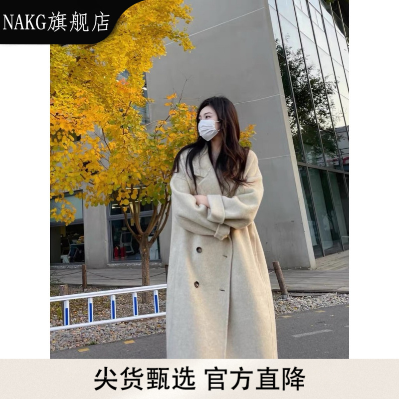NAKG燕麦色双面绒大衣女2025秋冬新款韩系中长款高级感羊毛呢外套