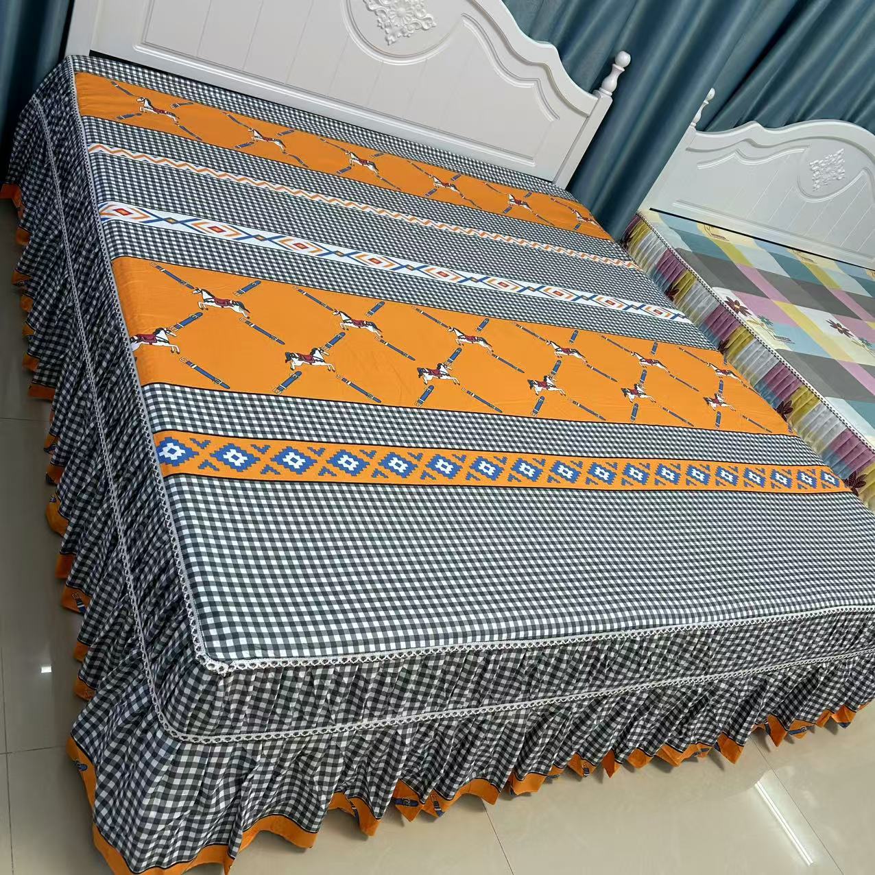 磨毛千鸟格民族风加厚床罩（马到成功）防滑床单床盖花边橙色床裙