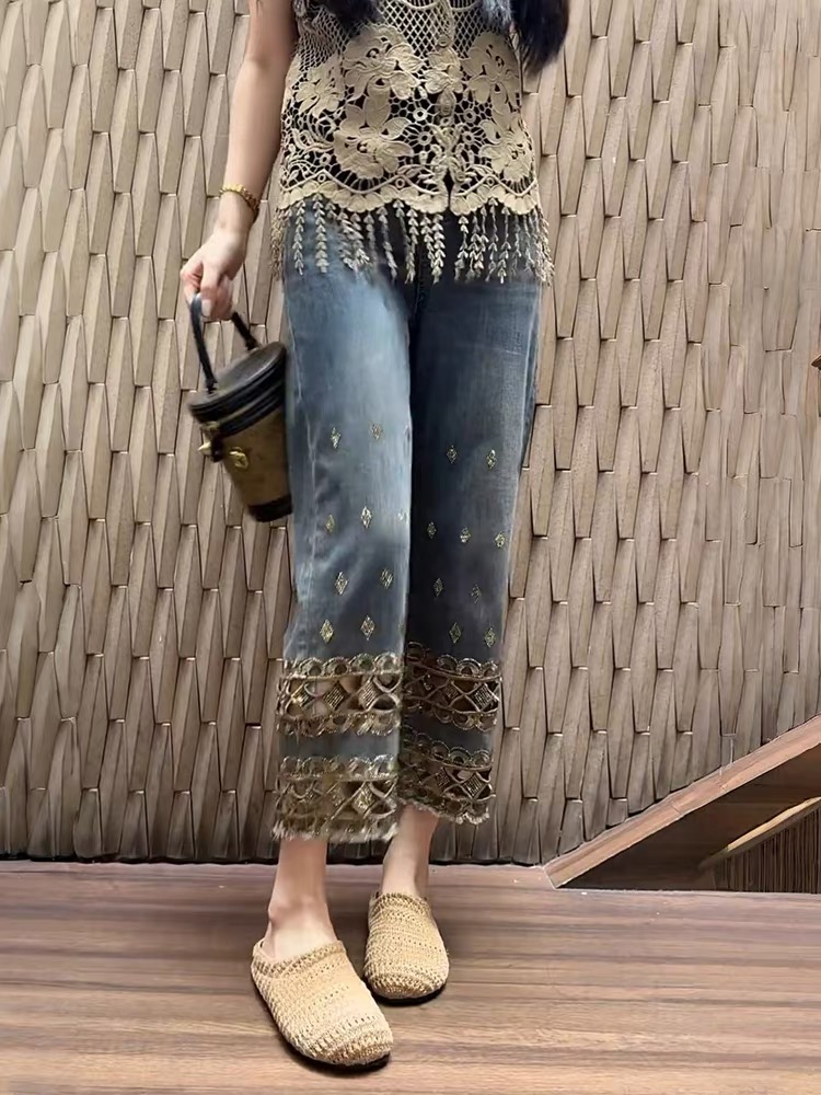 九分直筒牛仔裤女薄高腰宽松显瘦复古做旧镂空烫钻2025年夏季新款