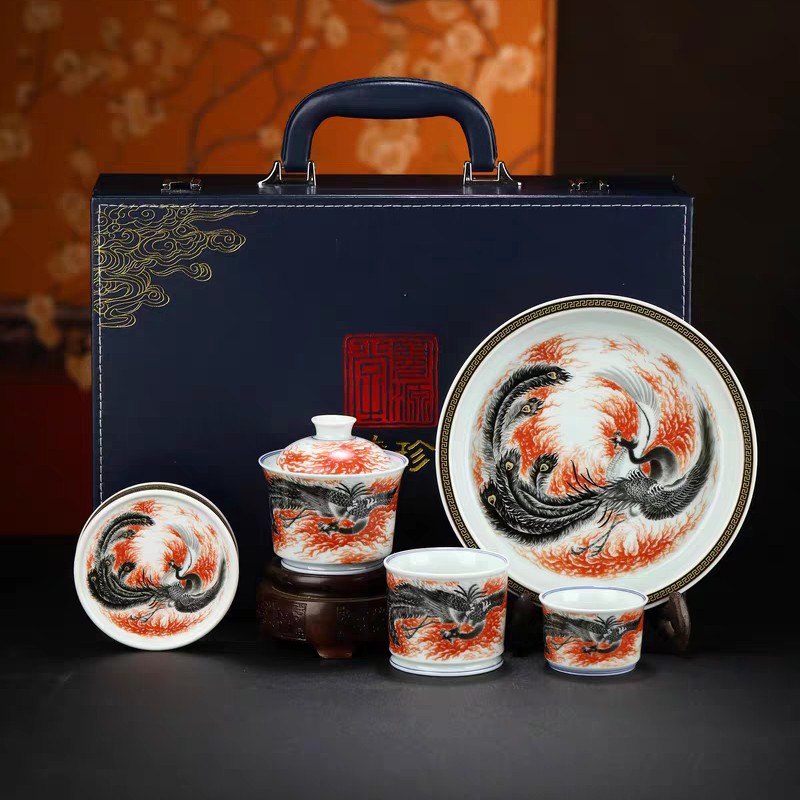 景德镇览源堂手工制作釉下彩火凤涅槃高端陶瓷茶具套组（带礼盒）