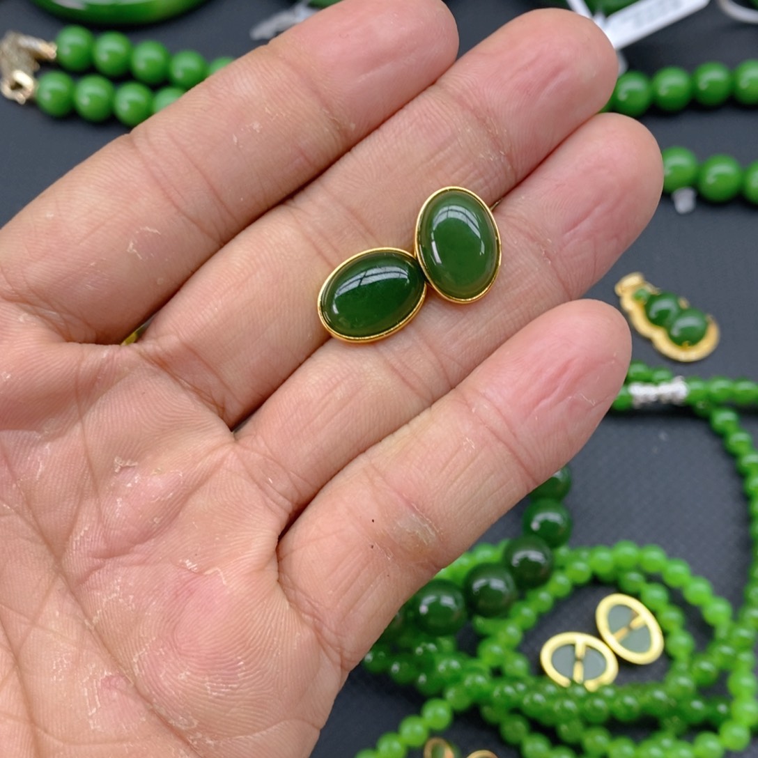 和田玉（碧玉）耳饰银S925镶嵌璞*鑫