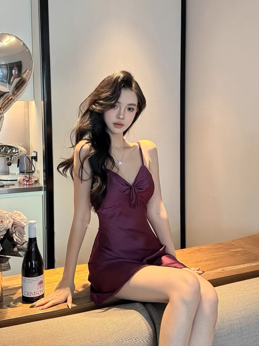 「微醺」甜美性感冰丝加胸垫吊带纯欲A裙摆缎面蕾丝睡裙纯欲风夏季