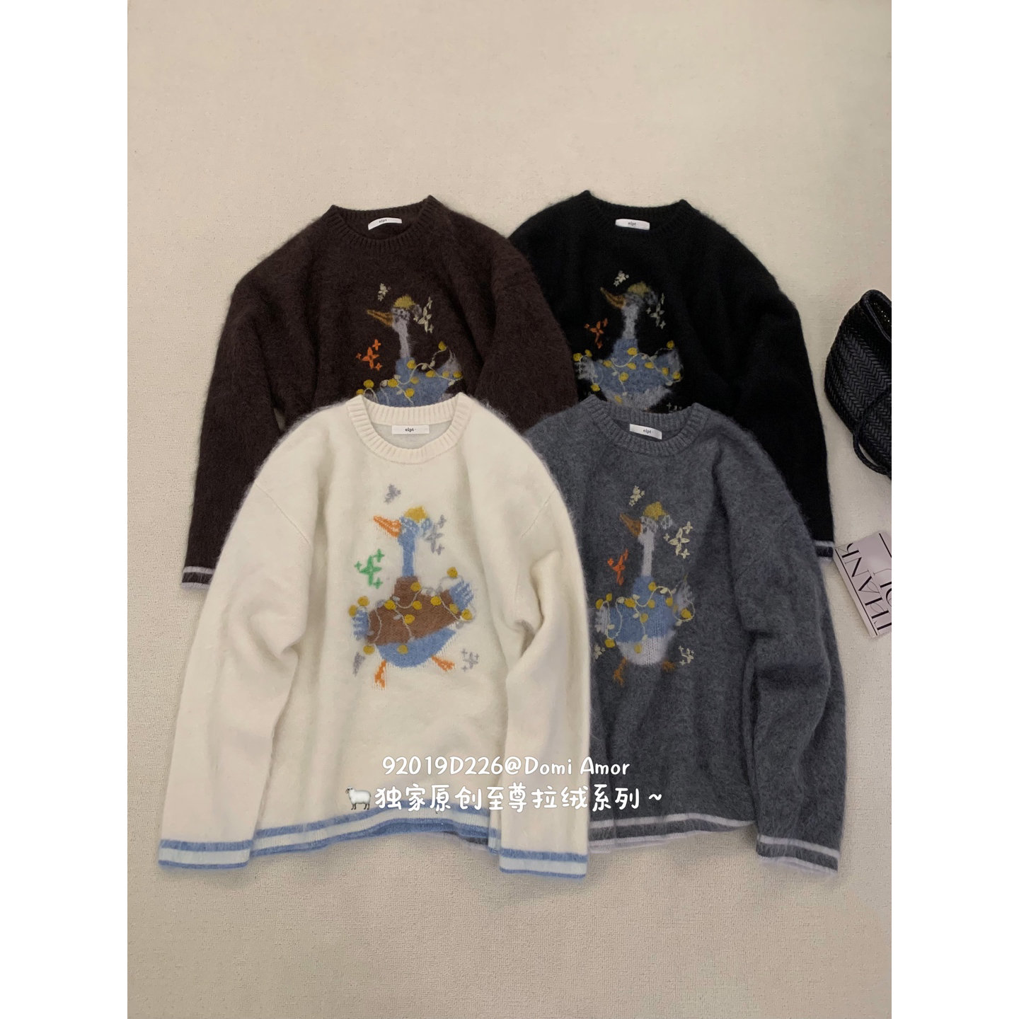 【LEILEI】女针织衫山羊绒毛衣圆领小鸭子黑色百搭92019