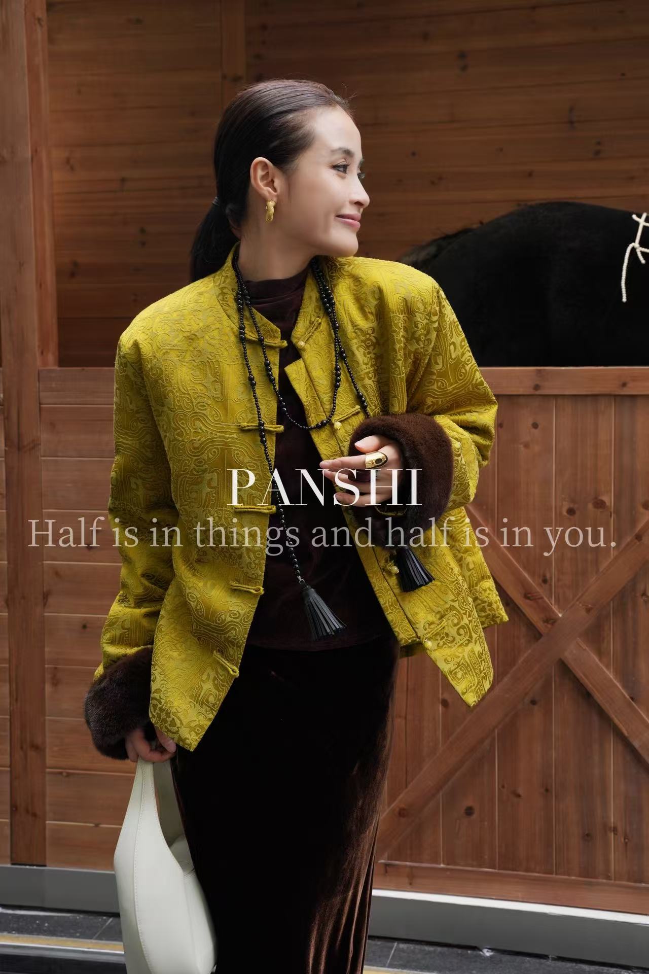 PANSHI原创设计新中式国风高级感提花盘扣拼接水貂毛时尚棉服外套