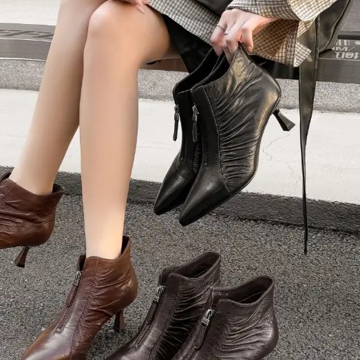 高蒂 新款冬季尖头高跟短筒拉链女时装靴加绒瘦瘦靴54715-803R